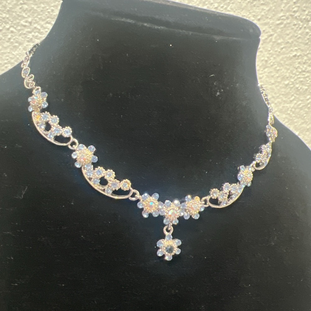 Vtg 50's AB Topaz Blue Rhinestone Necklace Silver Tone